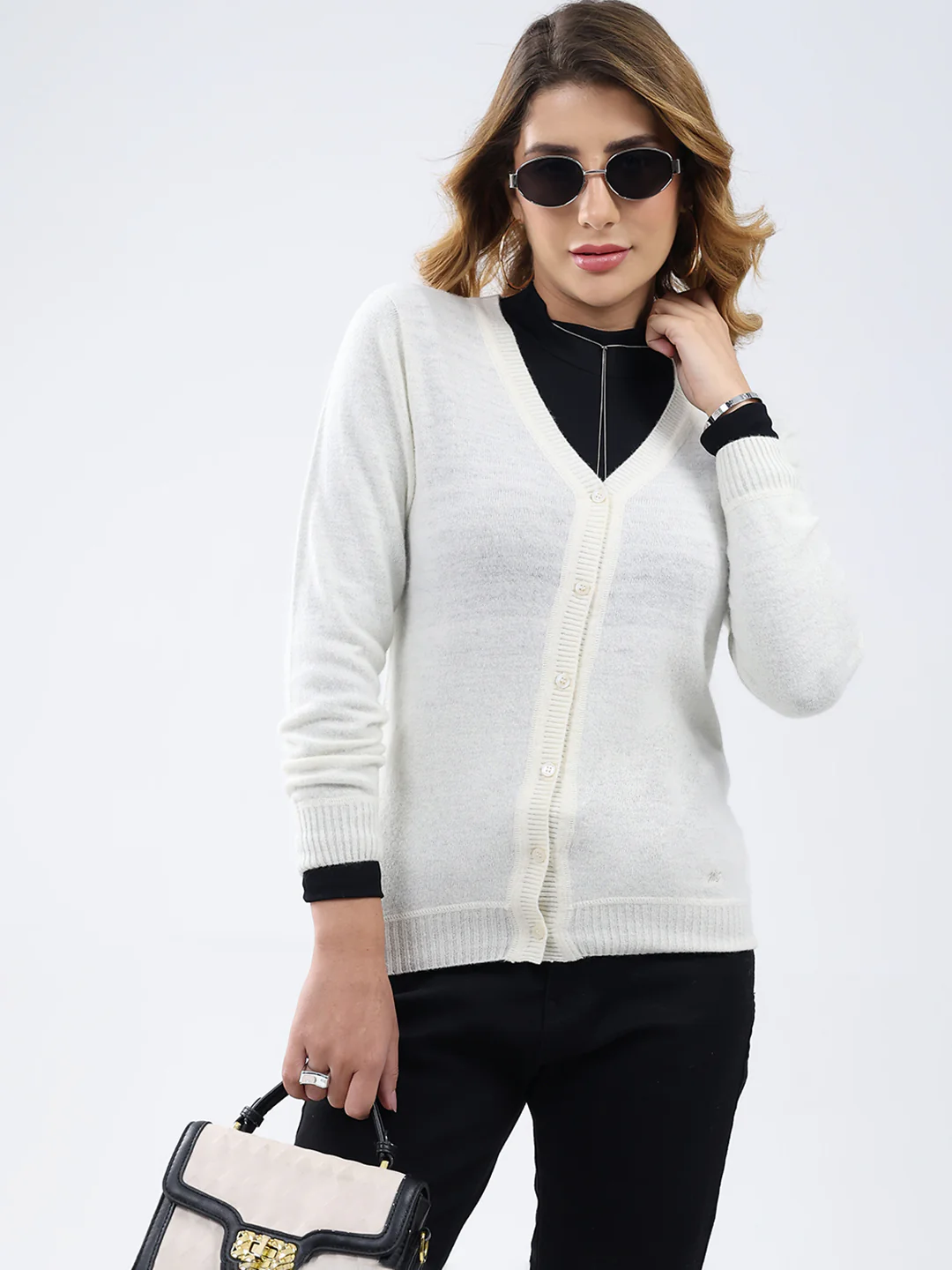 Women White Solid V Neck Full Sleeve Cardigan - Image 6
