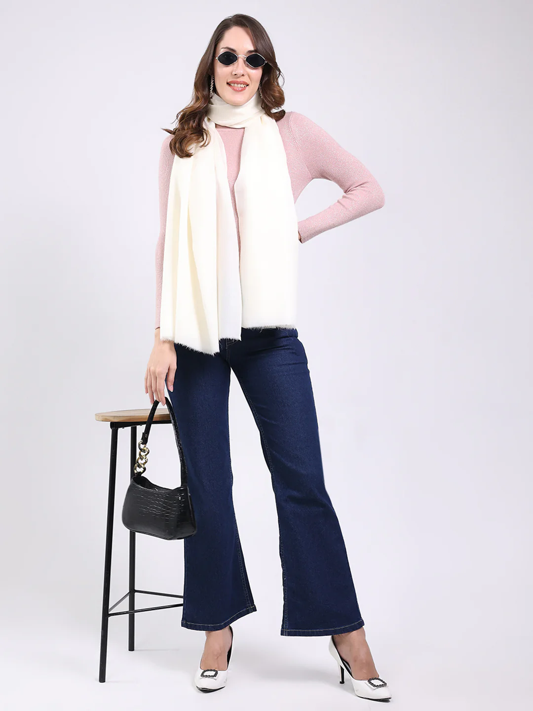 Women White Solid Wool Blend Shawl - Image 2