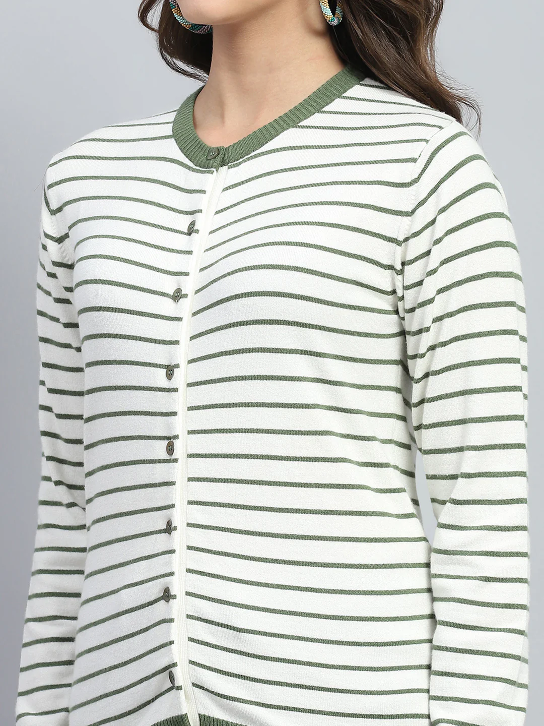 Women White Stripe Round Neck Full Sleeve Cardigan - Image 7