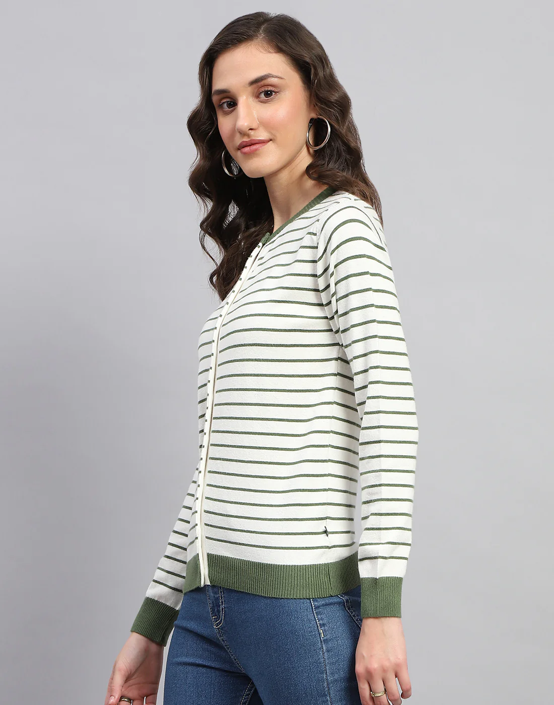 Women White Stripe Round Neck Full Sleeve Cardigan - Image 3