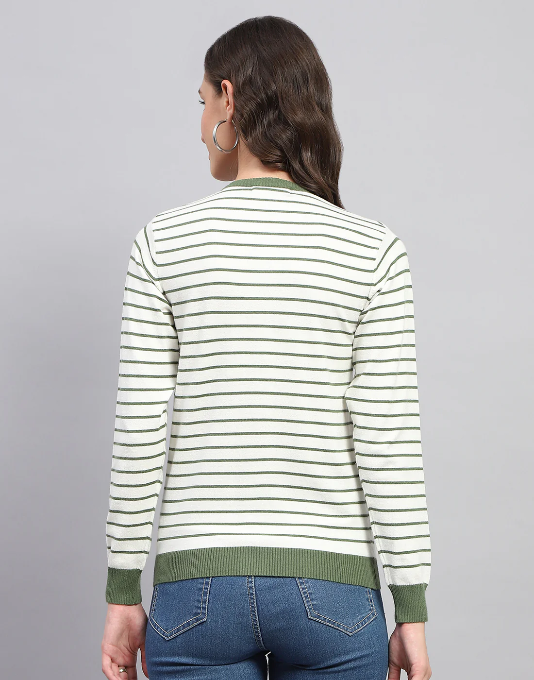 Women White Stripe Round Neck Full Sleeve Cardigan - Image 5