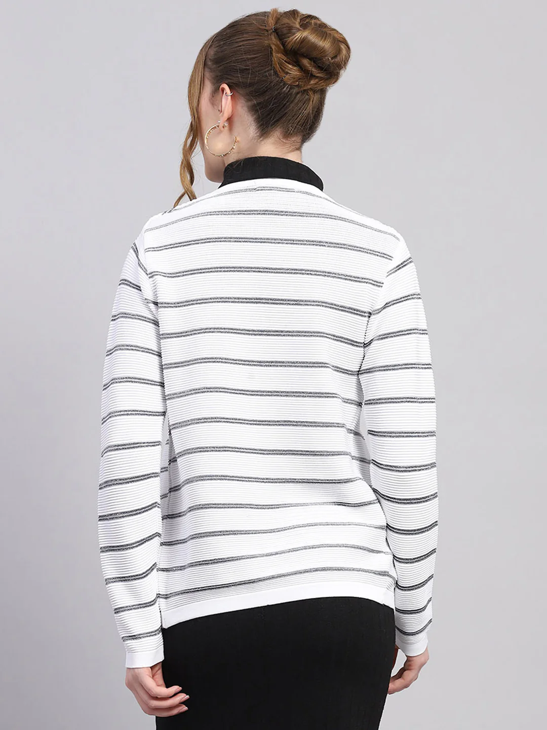 Women White Stripe Round Neck Full Sleeve Cardigan - Image 5