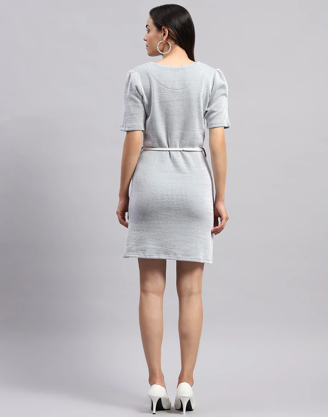 Women White Stripe Round Neck Half Sleeve Dress - Image 7