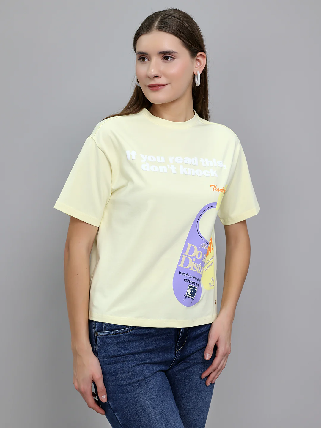 Women Yellow 3D Typography Printed Round Neck Half Sleeve Top - Image 3