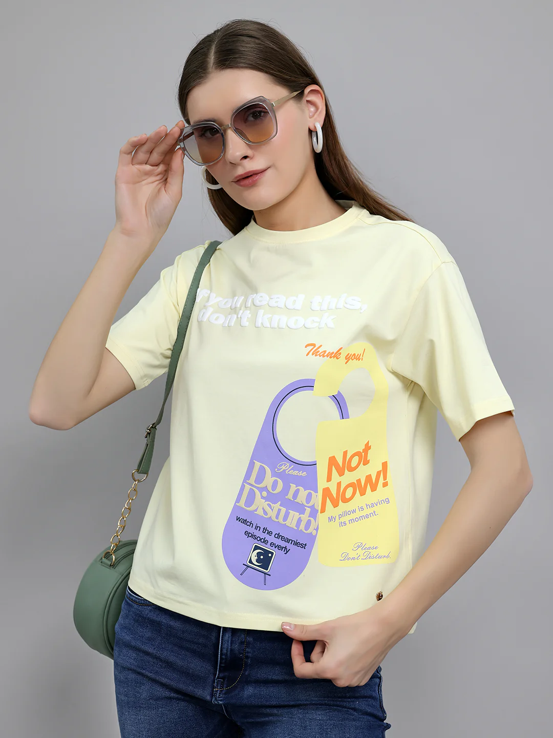 Women Yellow 3D Typography Printed Round Neck Half Sleeve Top - Image 6