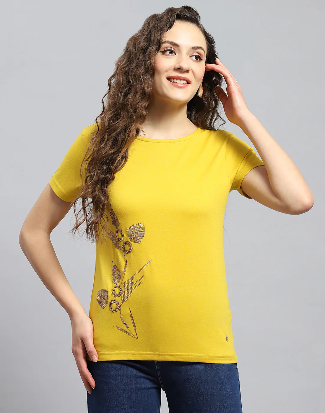 Women Yellow Embellished Round Neck Half Sleeve Top - Image 2