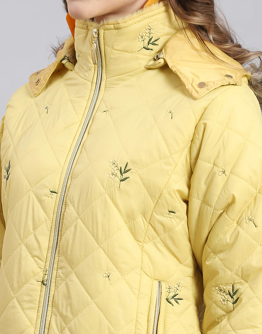 Women Yellow Embroidered Hooded Full Sleeve Jacket - Image 6