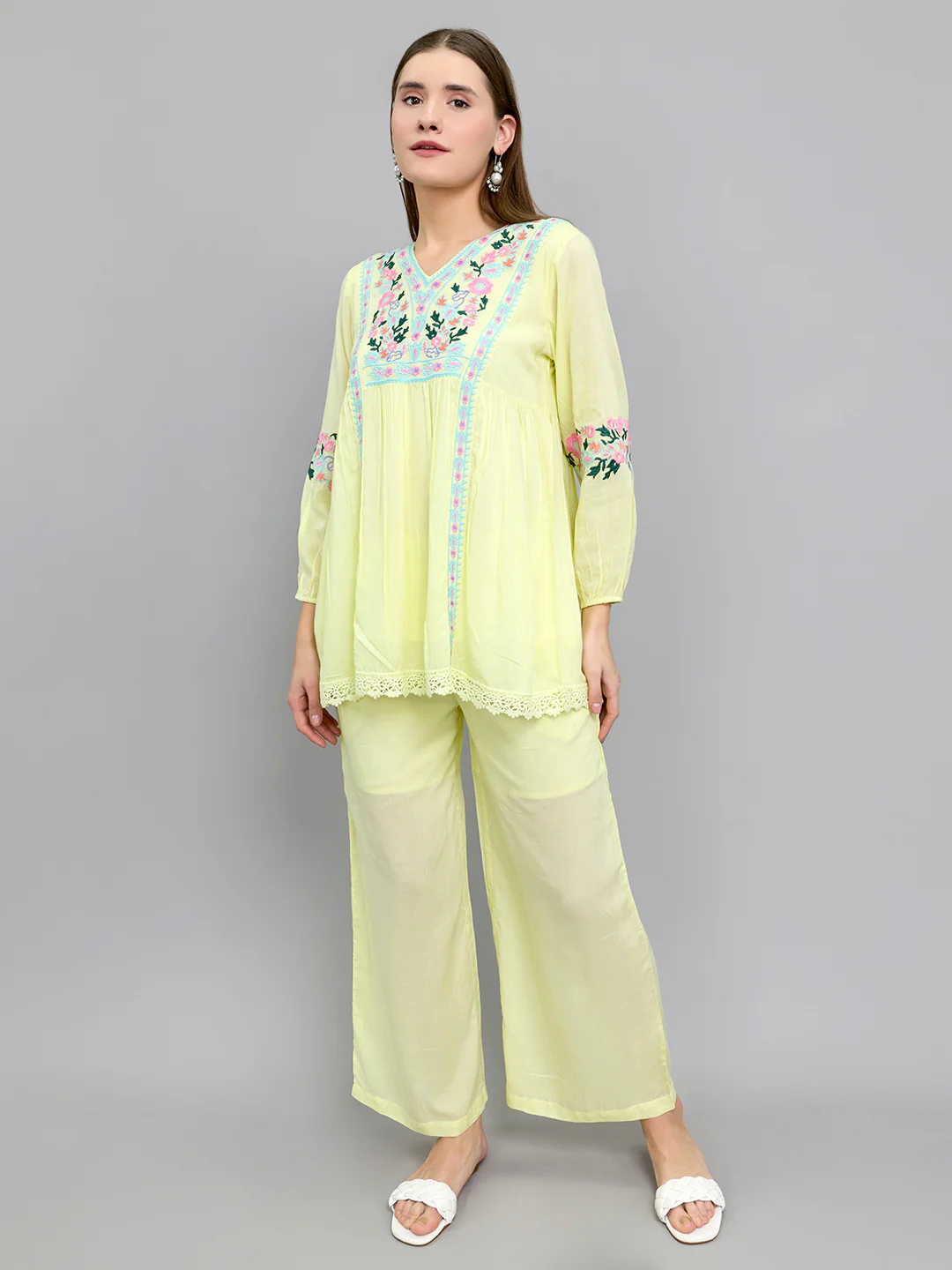 Women Yellow Embroidered Round Neck Half Sleeve Cords Set - Image 3