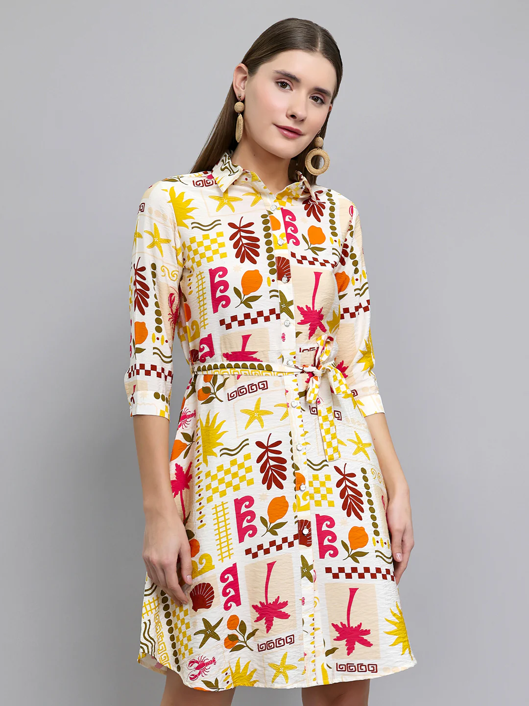 Women Yellow Printed Front Open 3/4th Sleeve Tunic - Image 2