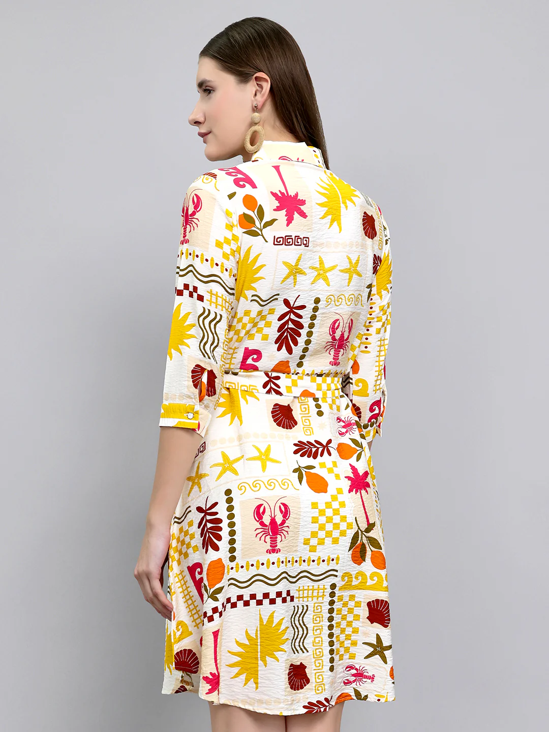 Women Yellow Printed Front Open 3/4th Sleeve Tunic - Image 4