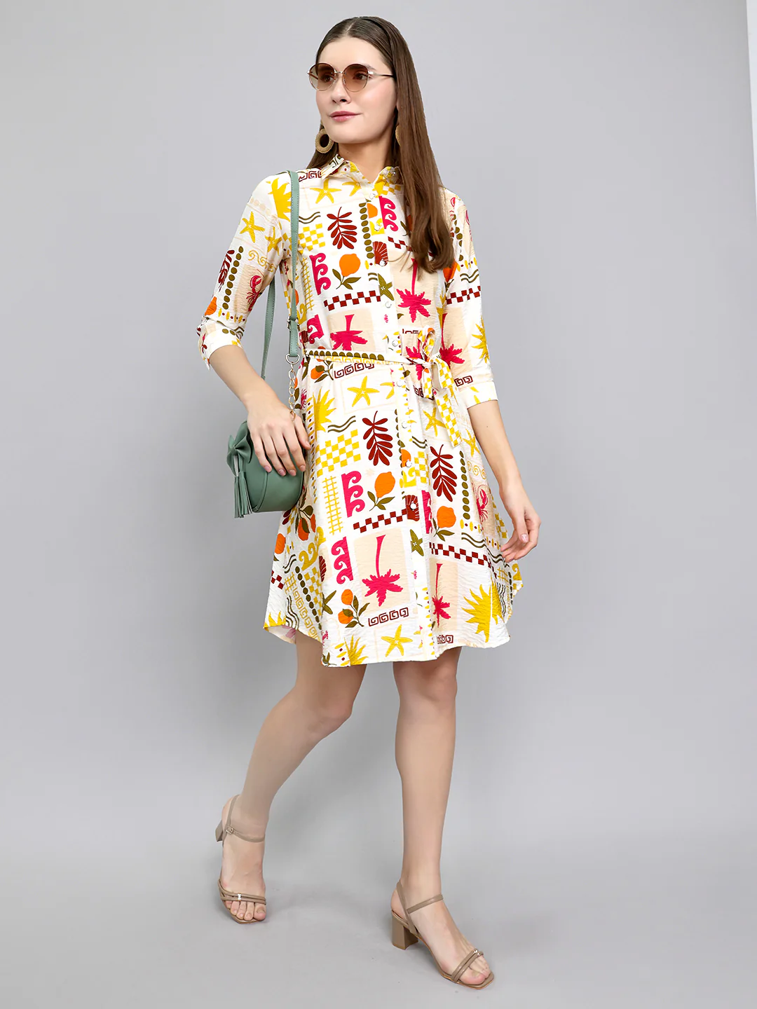 Women Yellow Printed Front Open 3/4th Sleeve Tunic - Image 6