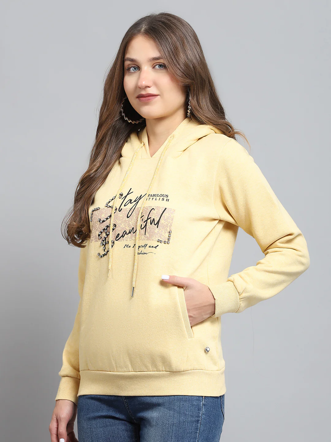 Women Yellow Printed Hooded Full Sleeve Sweatshirt - Image 3