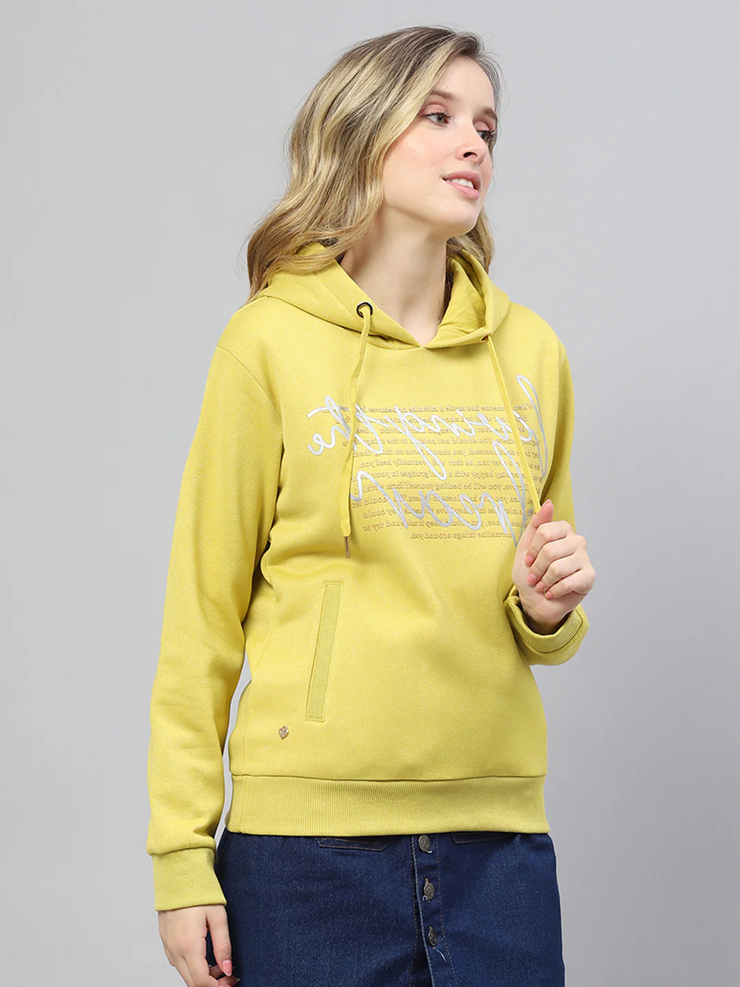 Women Yellow Printed Hooded Full Sleeve Sweatshirt - Image 4