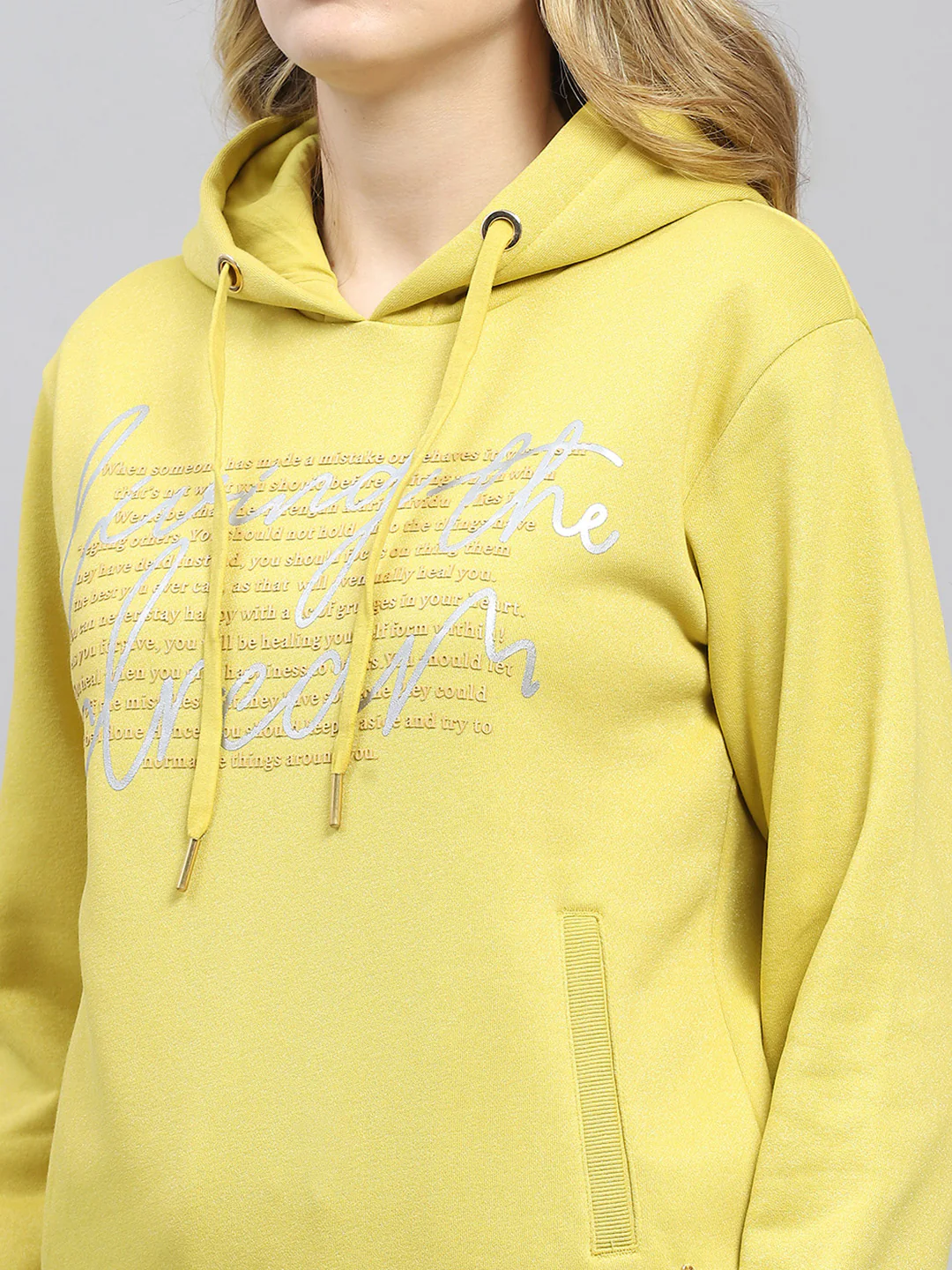 Women Yellow Printed Hooded Full Sleeve Sweatshirt - Image 7