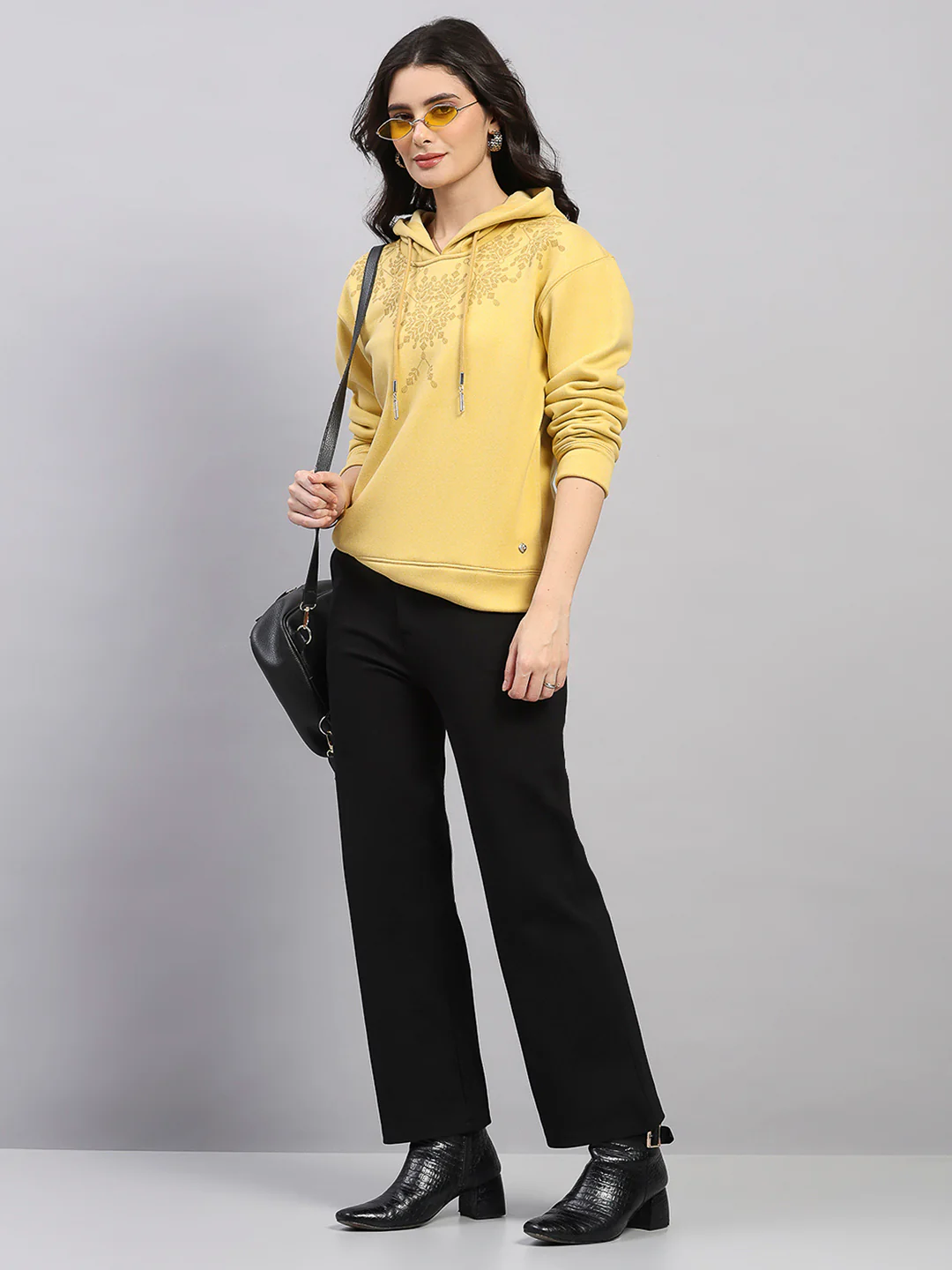 Women Yellow Printed Hooded Full Sleeve Sweatshirt - Image 2