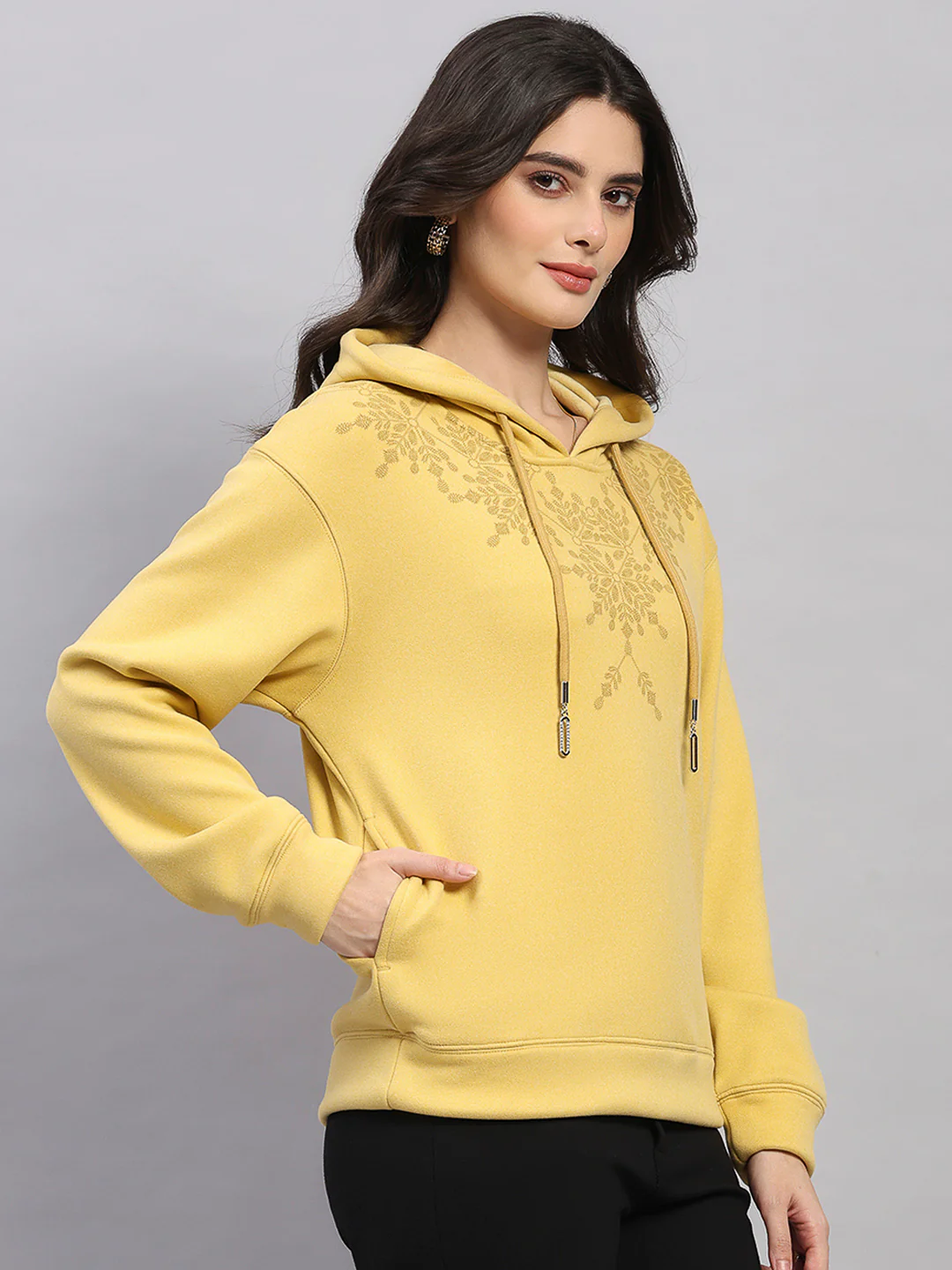 Women Yellow Printed Hooded Full Sleeve Sweatshirt - Image 4