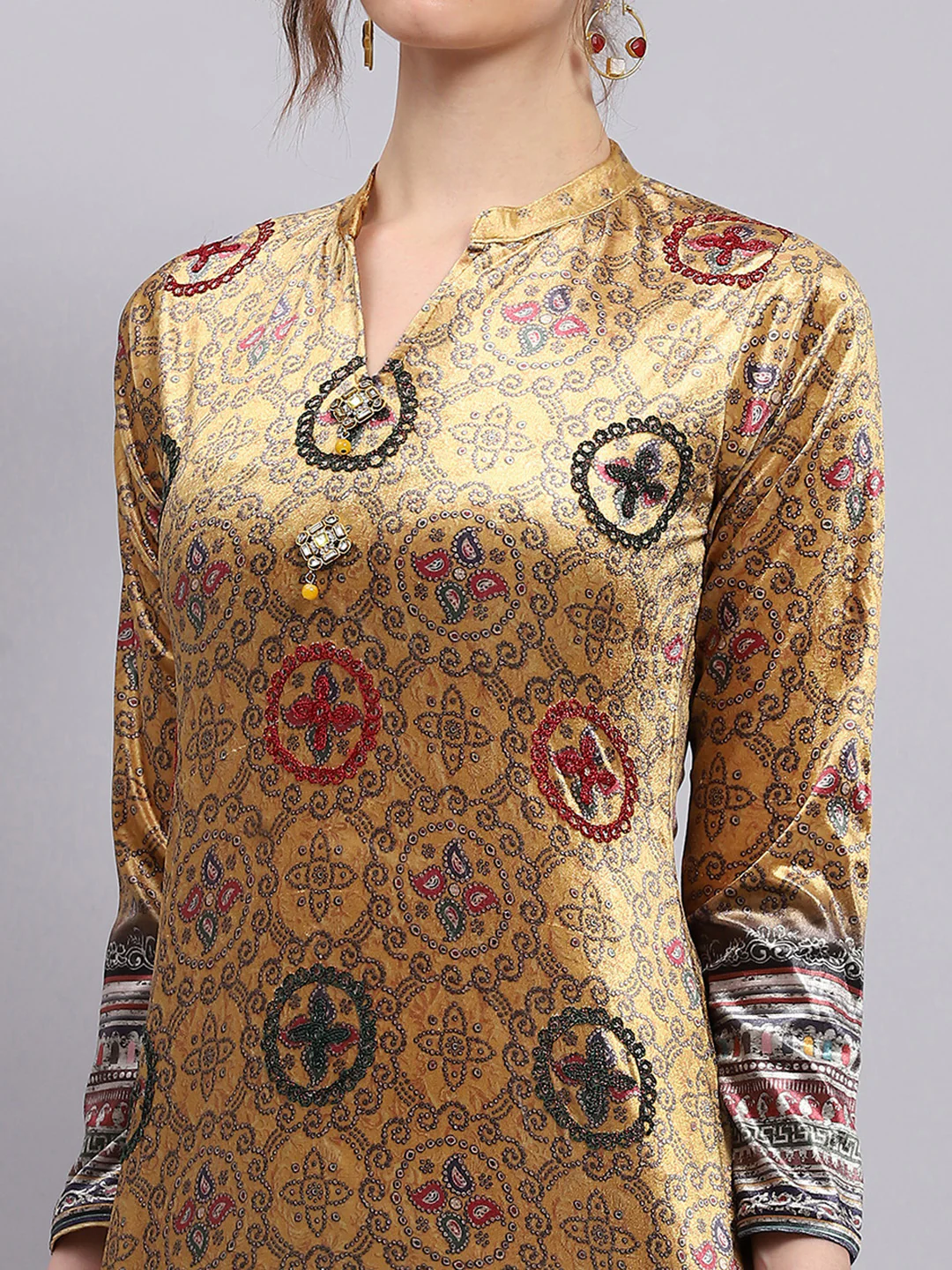 Women Yellow Printed Round Neck Full Sleeve Kurti Set with Stole - Image 6