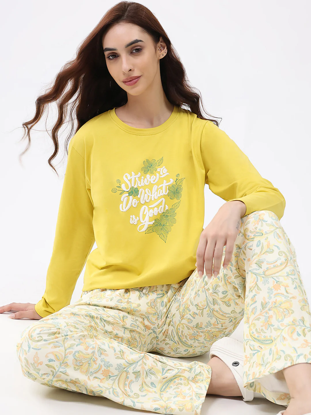 Women Yellow Printed Round Neck Full Sleeve Lower Set - Image 6