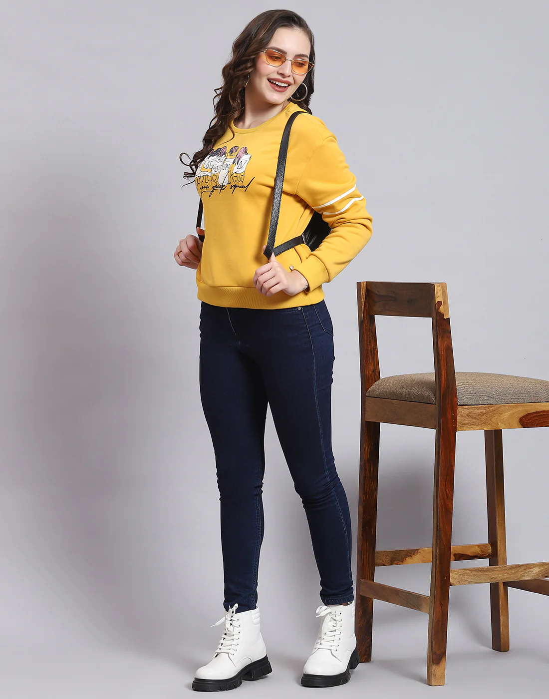 Women Yellow Printed Round Neck Full Sleeve Sweatshirt - Image 2