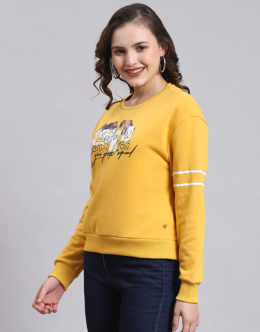 Women Yellow Printed Round Neck Full Sleeve Sweatshirt - Image 4