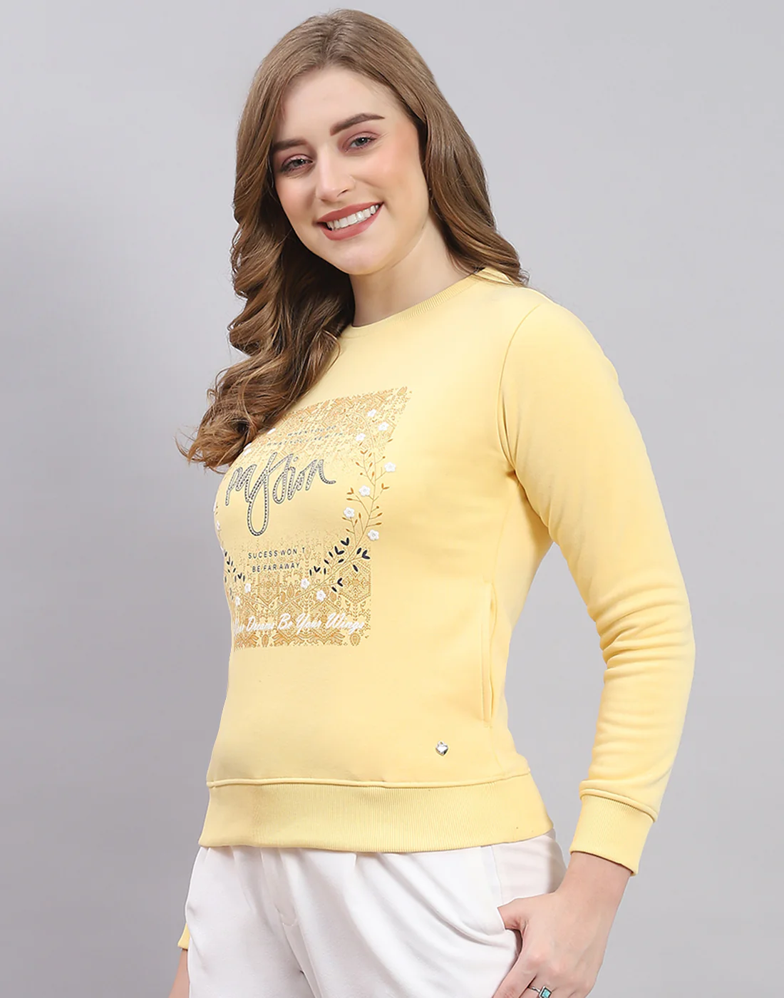 Women Yellow Printed Round Neck Full Sleeve Sweatshirt - Image 4