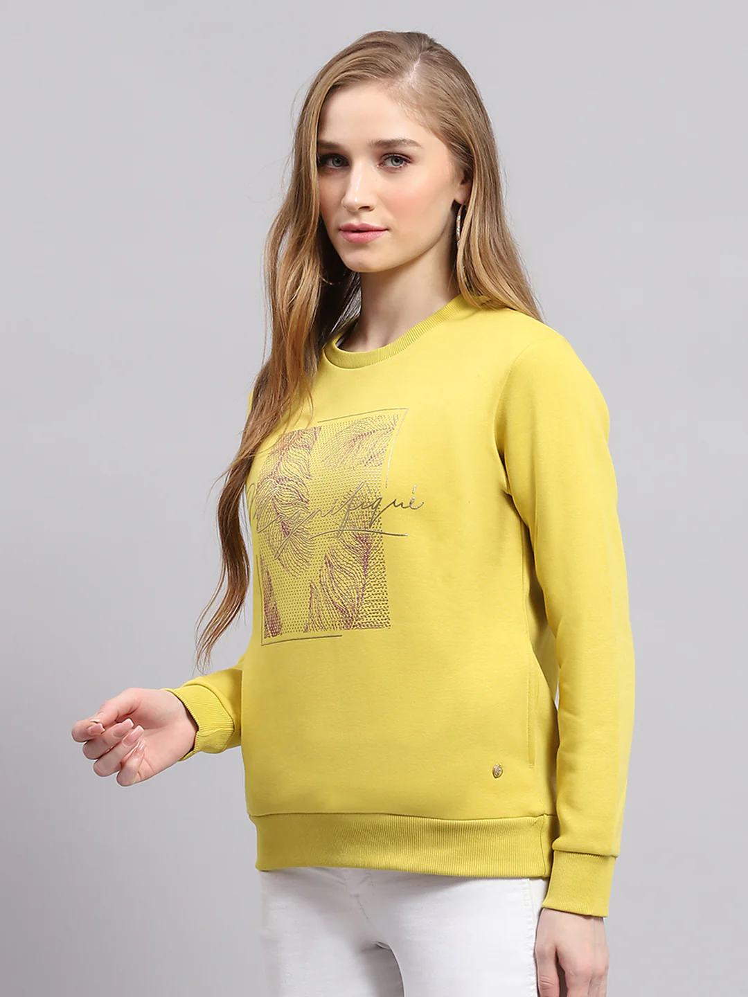 Women Yellow Printed Round Neck Full Sleeve Sweatshirt - Image 3
