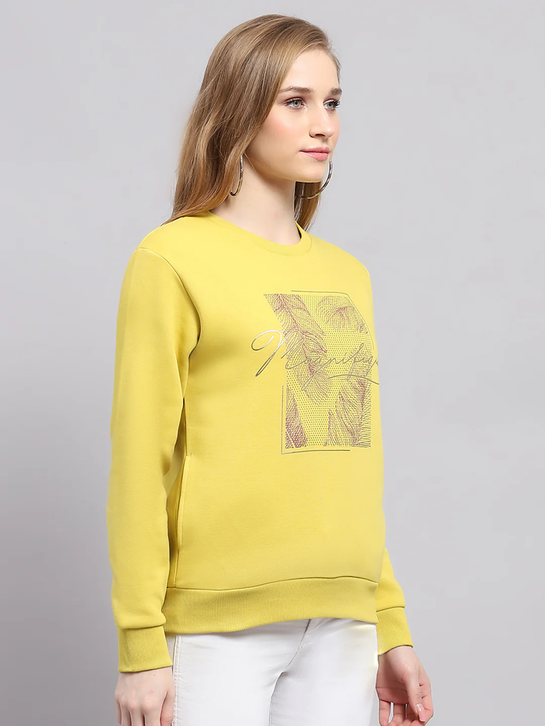 Women Yellow Printed Round Neck Full Sleeve Sweatshirt - Image 4