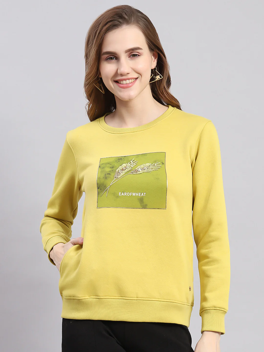 Women Yellow Printed Round Neck Full Sleeve Sweatshirts - Image 3