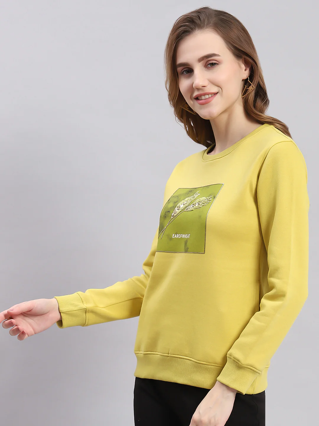 Women Yellow Printed Round Neck Full Sleeve Sweatshirts - Image 4