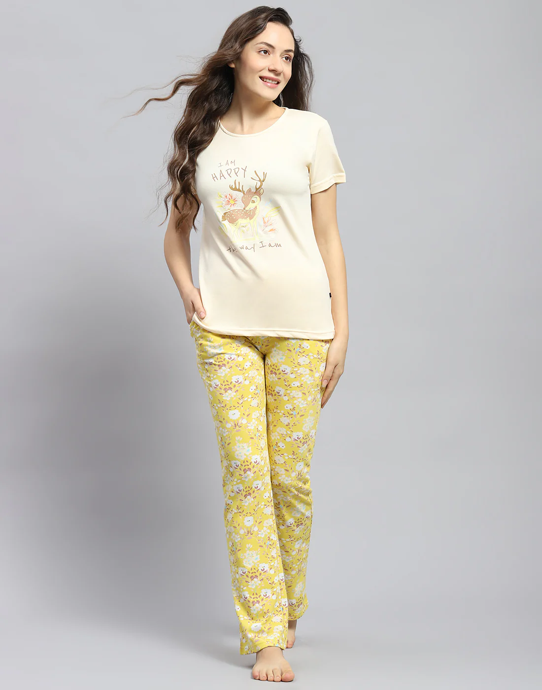 Women Yellow Printed Round Neck Half Sleeve Lower Set - Image 2