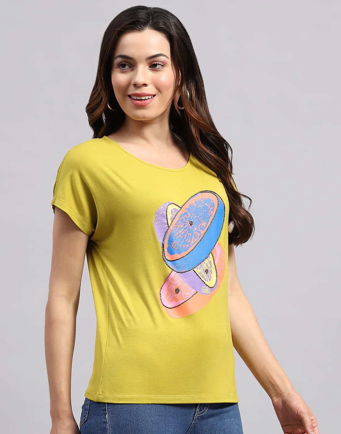 Women Yellow Printed Round Neck Half Sleeve Top - Image 5
