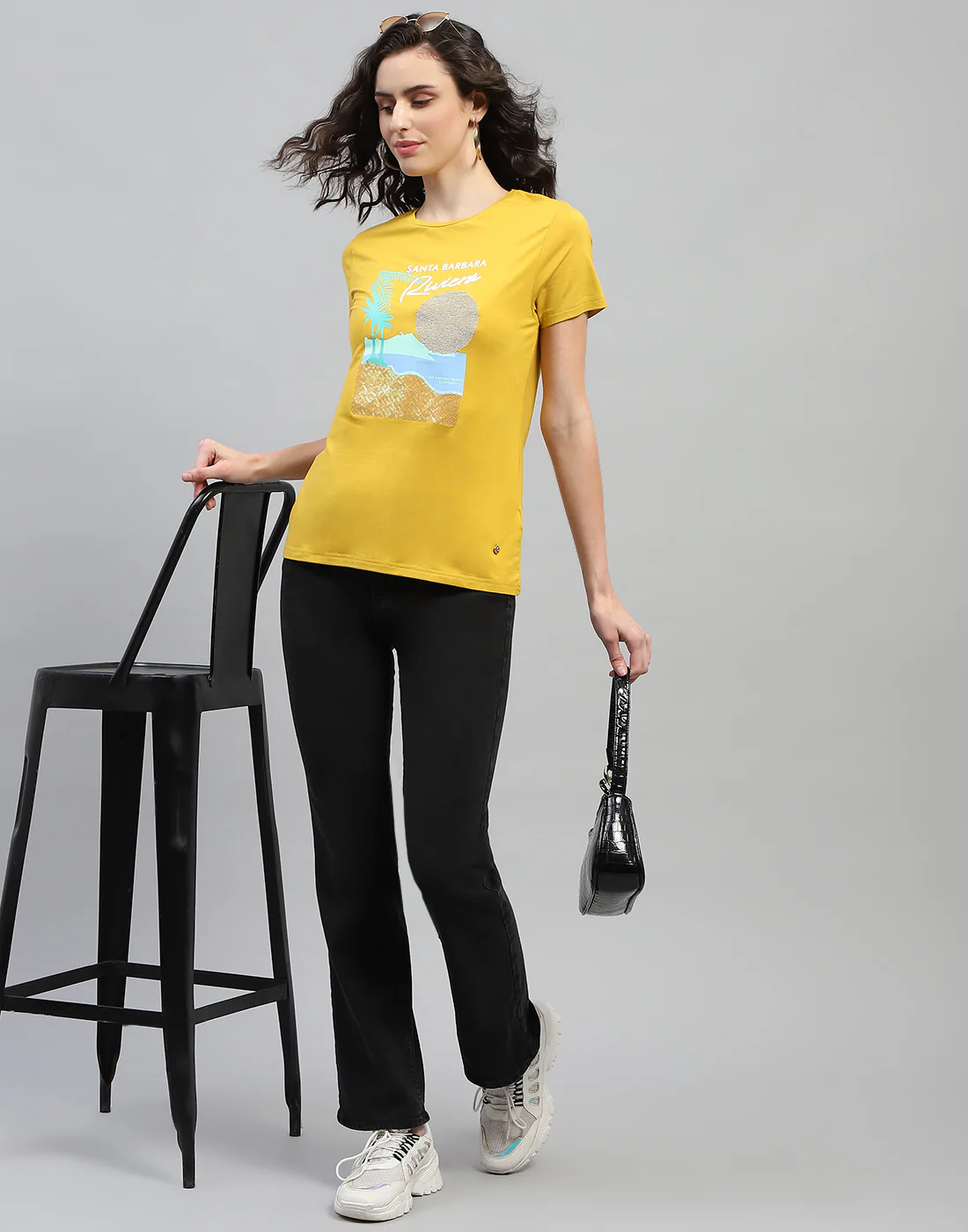 Women Yellow Printed Round Neck Half Sleeve Top - Image 2