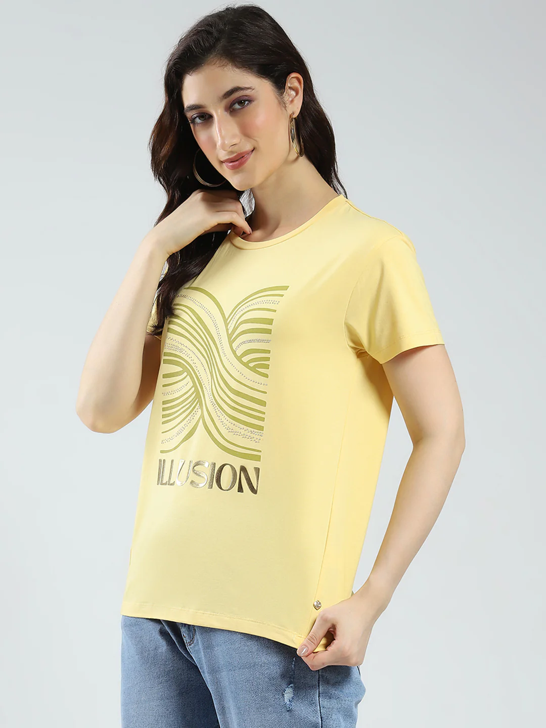 Women Yellow Printed Round Neck Half Sleeve Top - Image 4