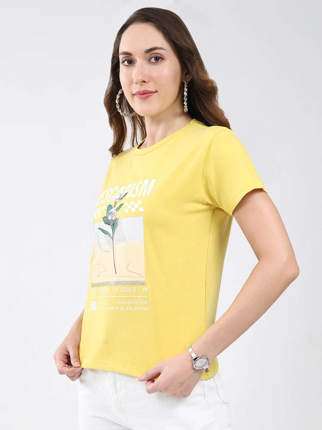 Women Yellow Printed Round Neck Half Sleeve Top - Image 3