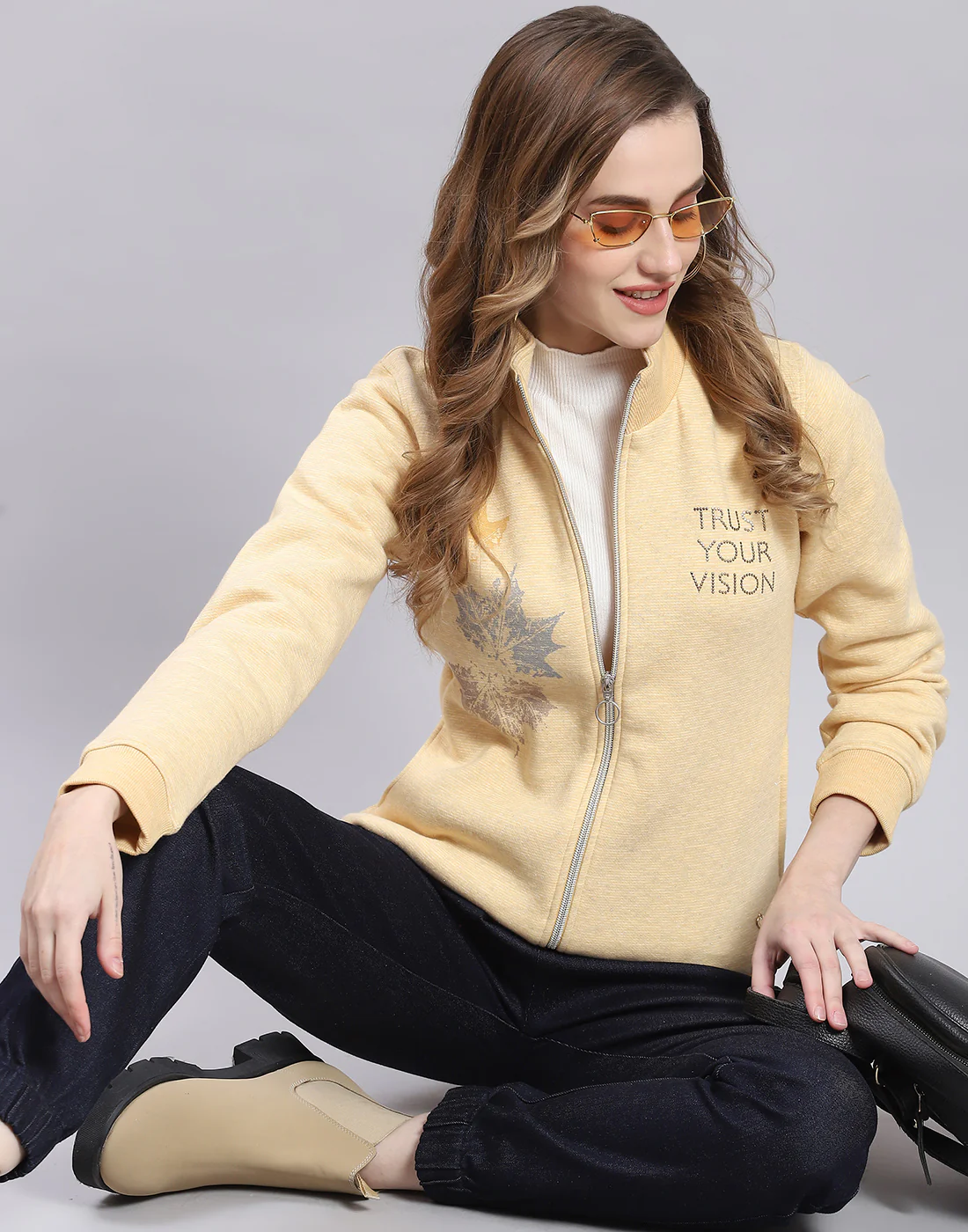 Women Yellow Printed Stand Collar Full Sleeve Sweatshirt - Image 6