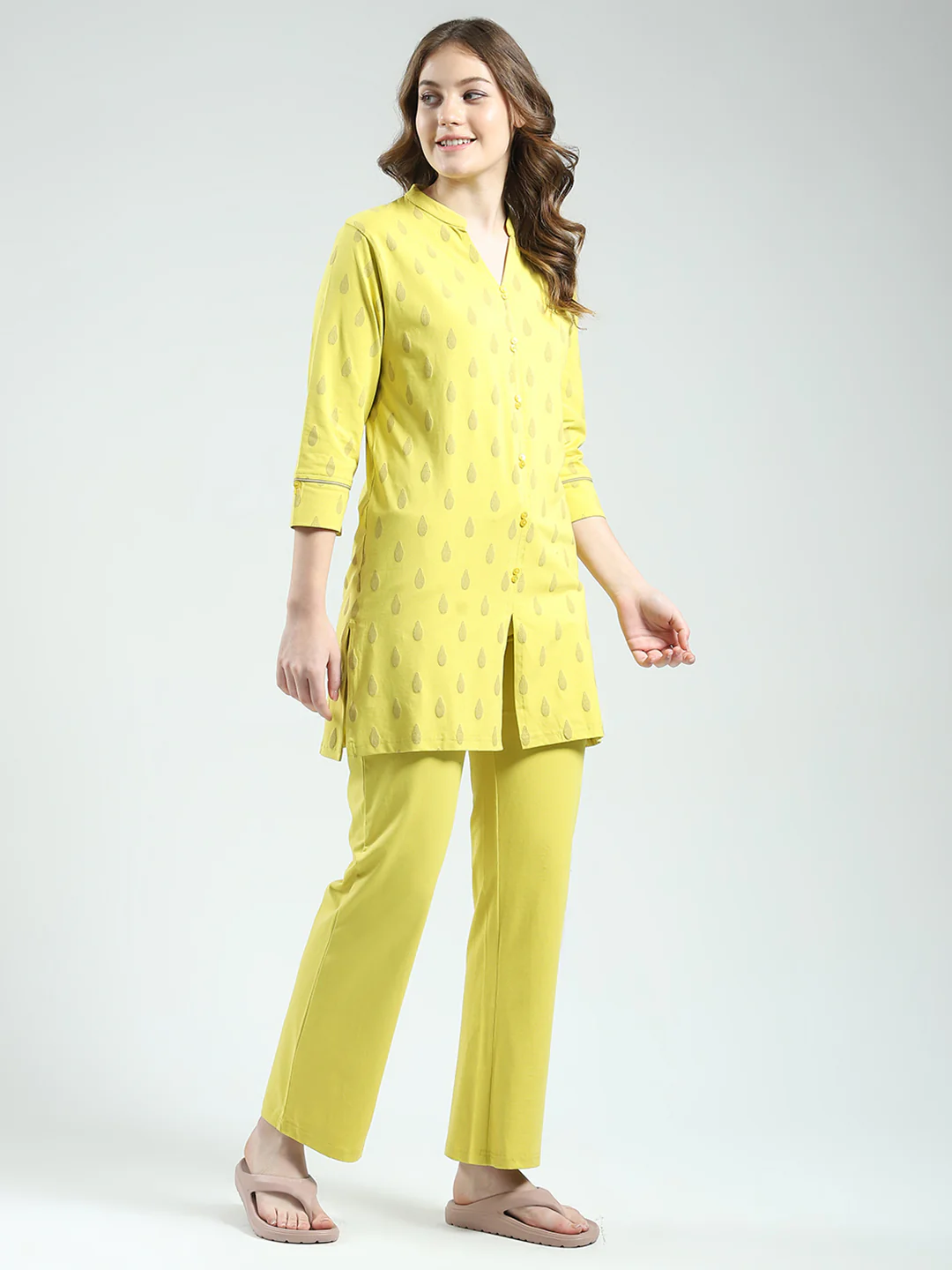 Women Yellow Printed Round Neck 3/4th Sleeve Lower Set - Image 4