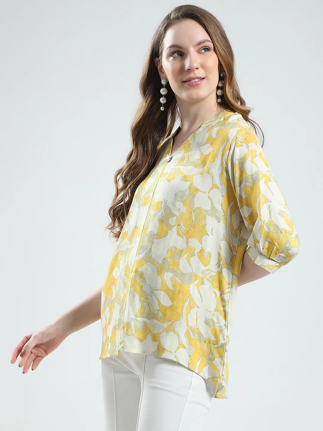 Women Yellow Printed V Neck Half Sleeve Top - Image 3