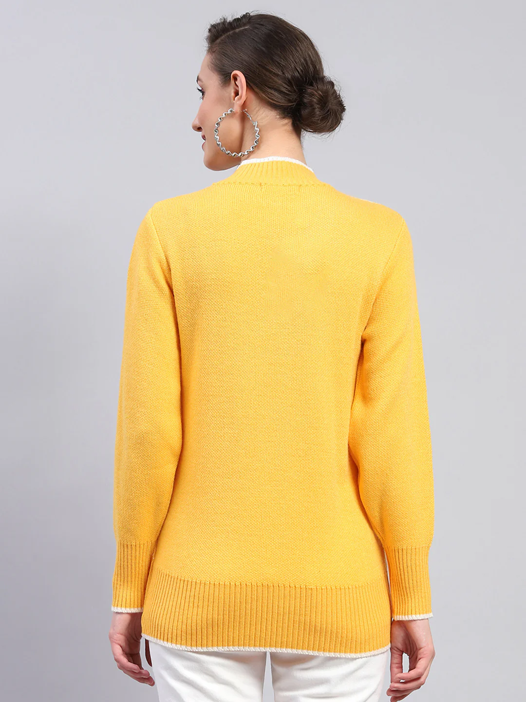 Women Yellow Self Design Band Collar Full Sleeve Winter Tops - Image 5