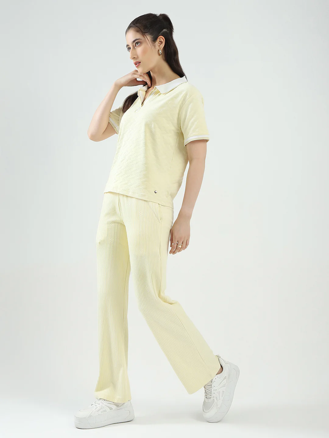 Women Yellow Self Design Collar Half Sleeve Cords Set - Image 4