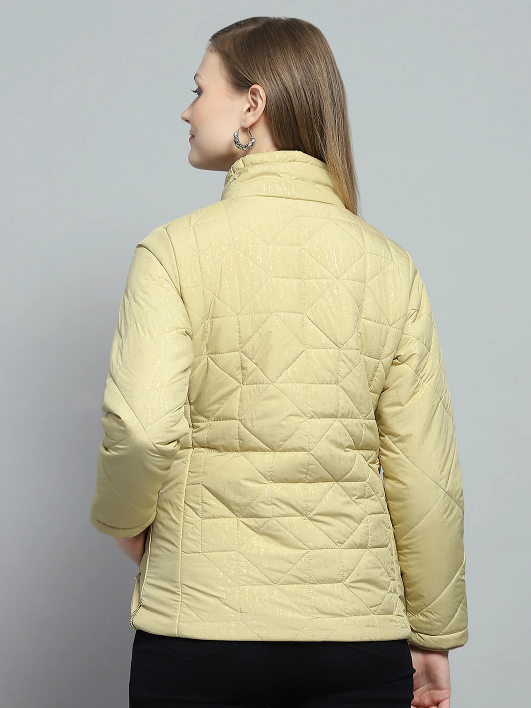 Women Yellow Self Design Mock Neck Full Sleeve Jacket - Image 5
