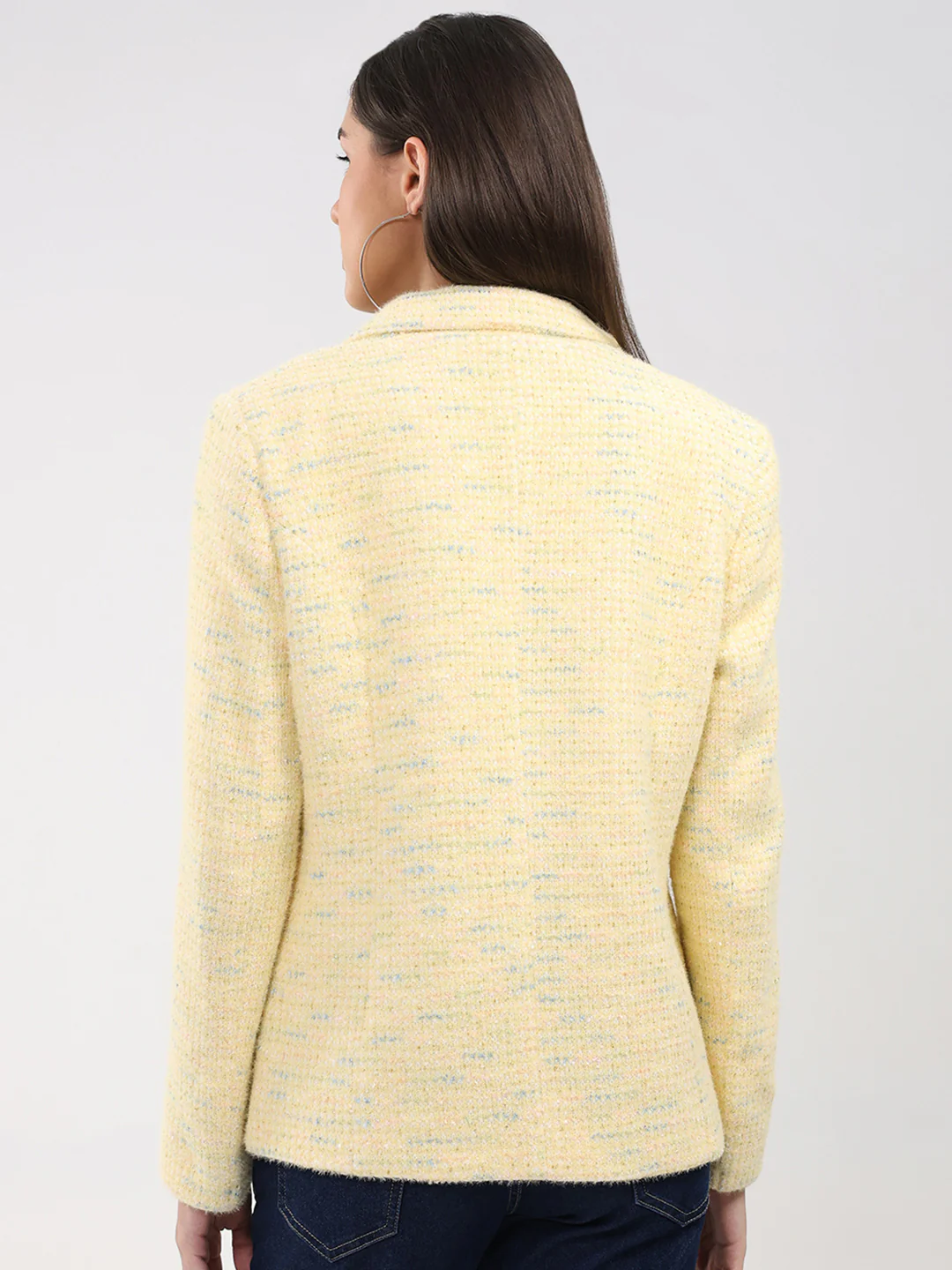 Women Yellow Self Design Notch Lapel Collar Full Sleeve Coat - Image 5