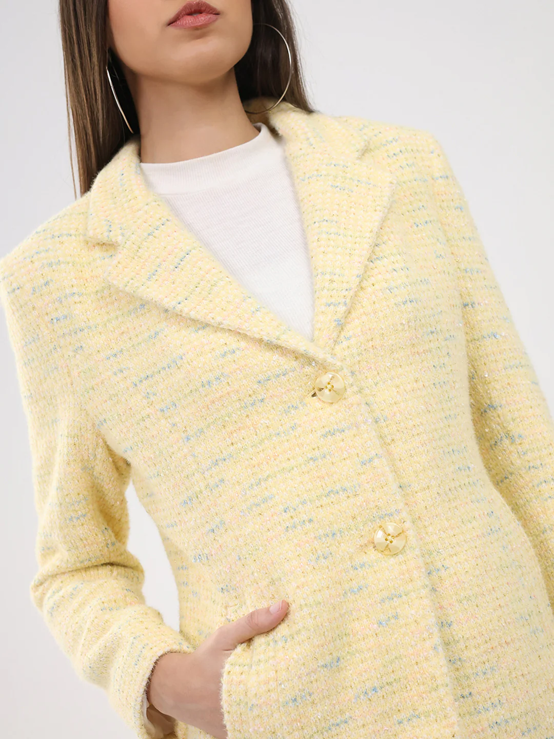 Women Yellow Self Design Notch Lapel Collar Full Sleeve Coat - Image 6