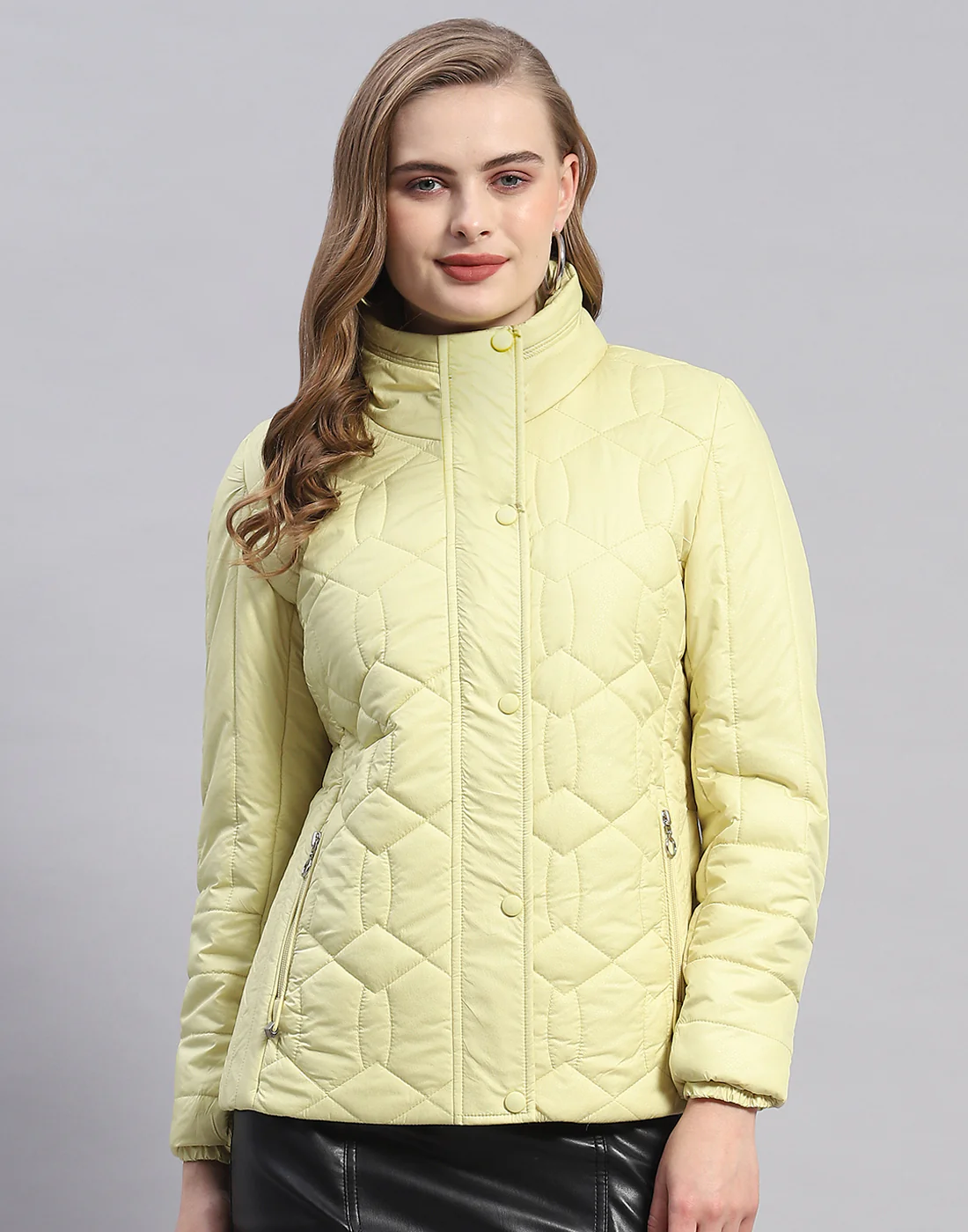 Women Yellow Self Design Stand Collar Full Sleeve Jacket - Image 2