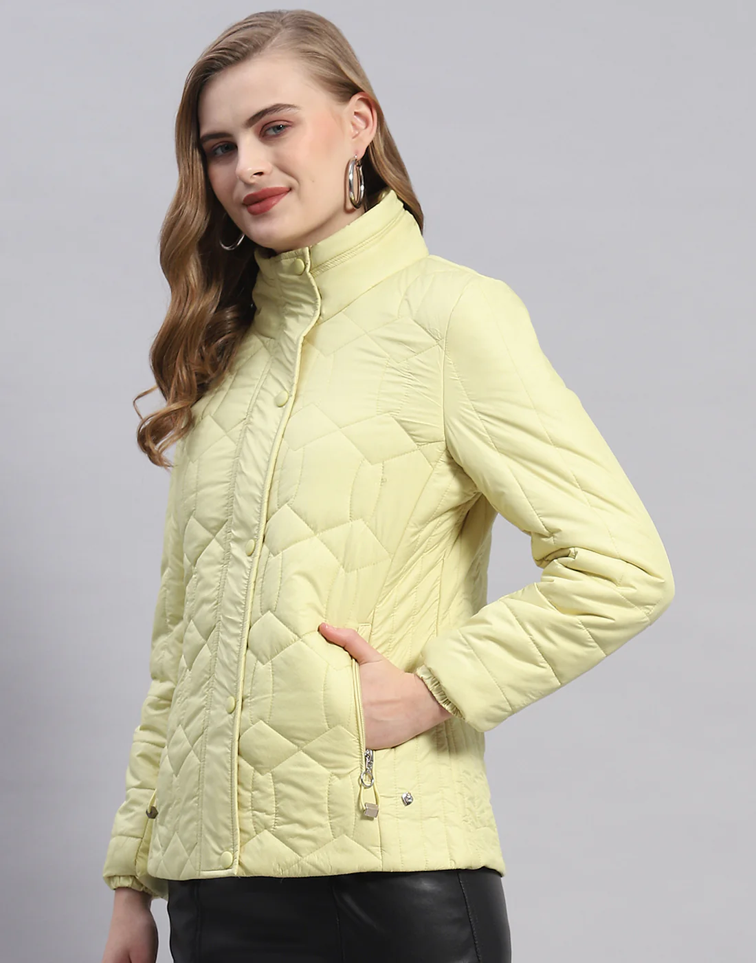 Women Yellow Self Design Stand Collar Full Sleeve Jacket - Image 3