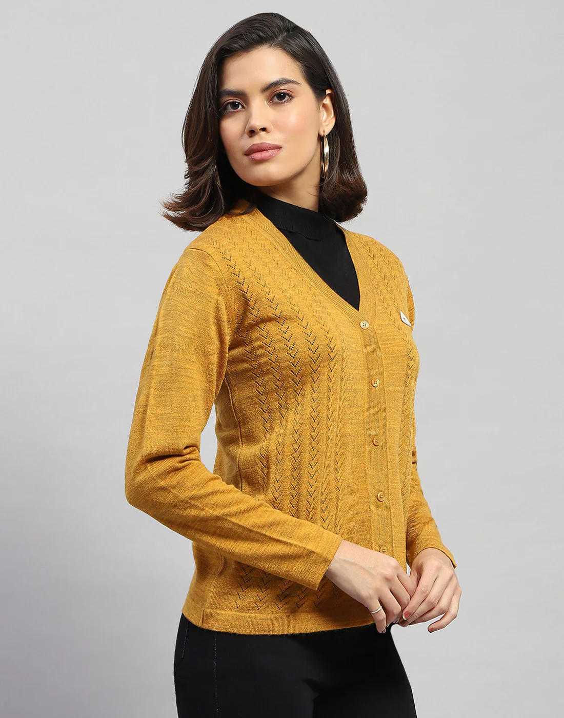 Women Yellow Self Design V Neck Full Sleeve Cardigan - Image 4