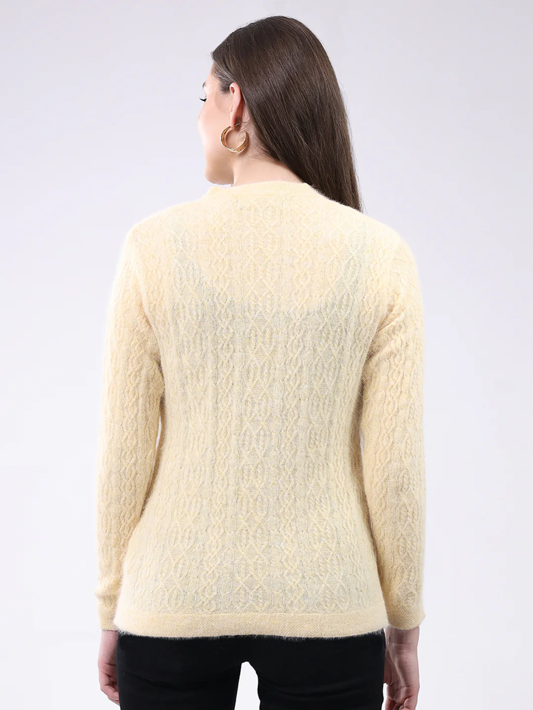 Women Yellow Self Design V Neck Full Sleeve Cardigan - Image 5