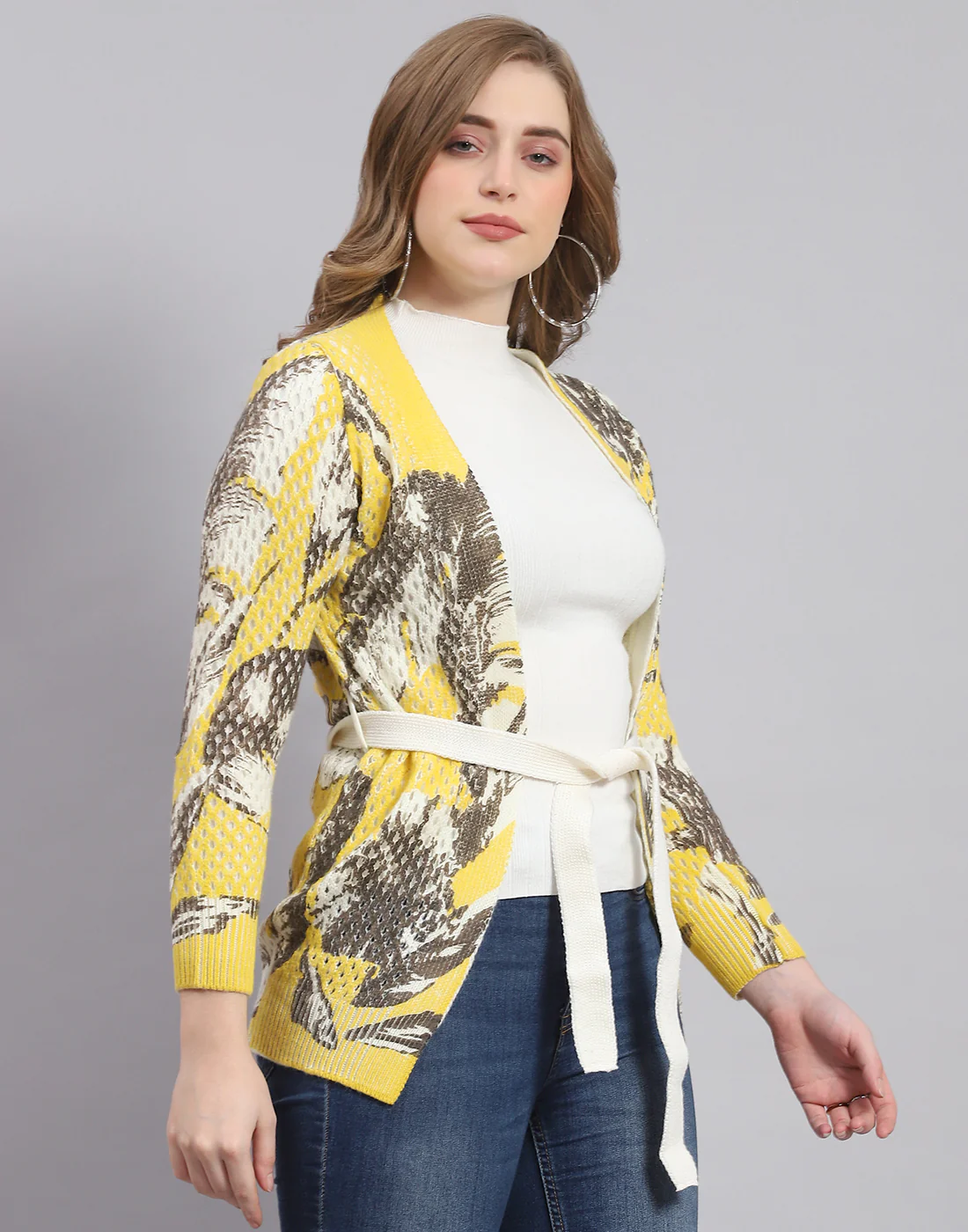 Women Yellow Self Design V Neck Full Sleeve Cardigan - Image 4