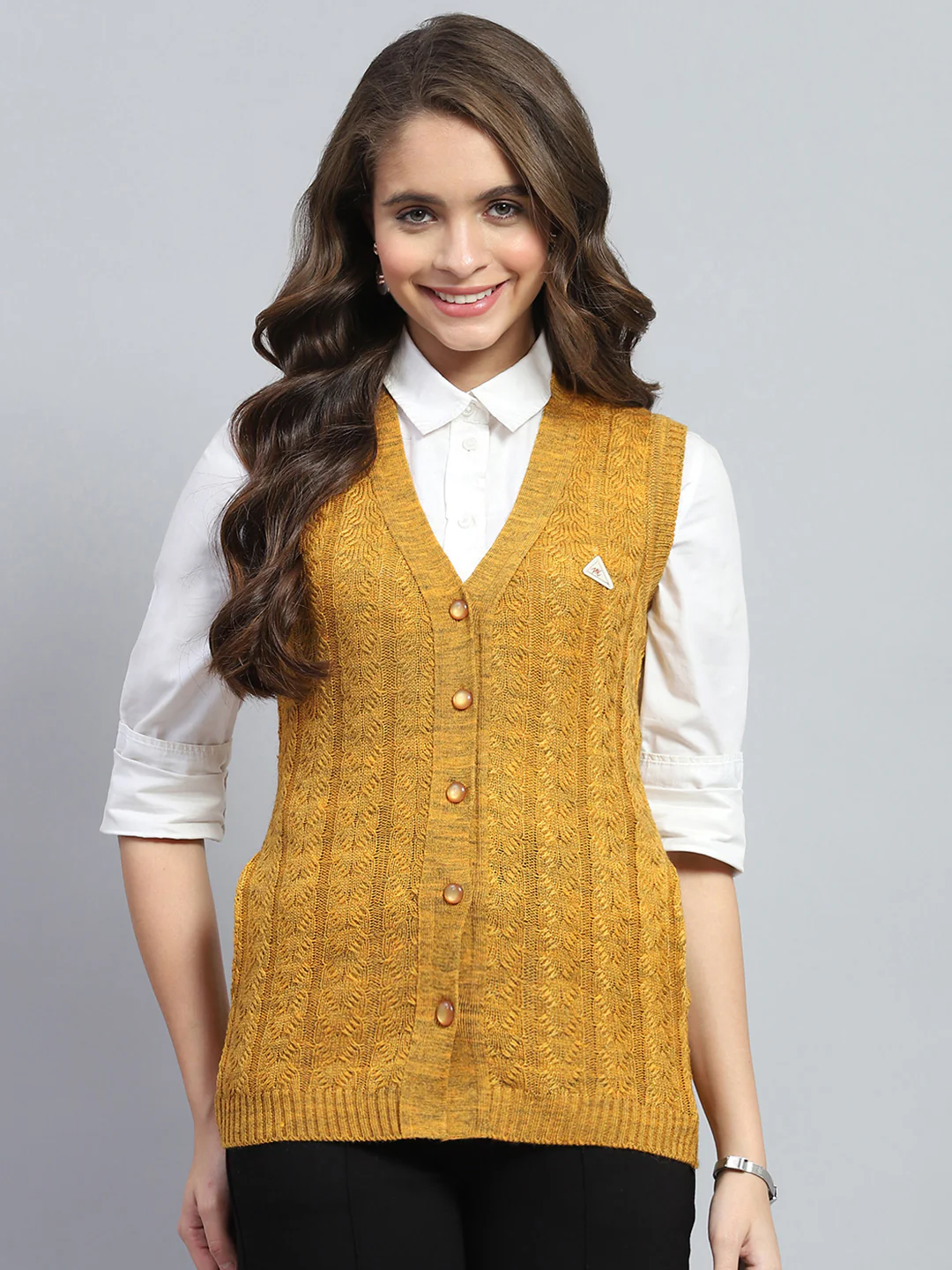 Women Yellow Self Design V Neck Sleeveless Cardigan - Image 2
