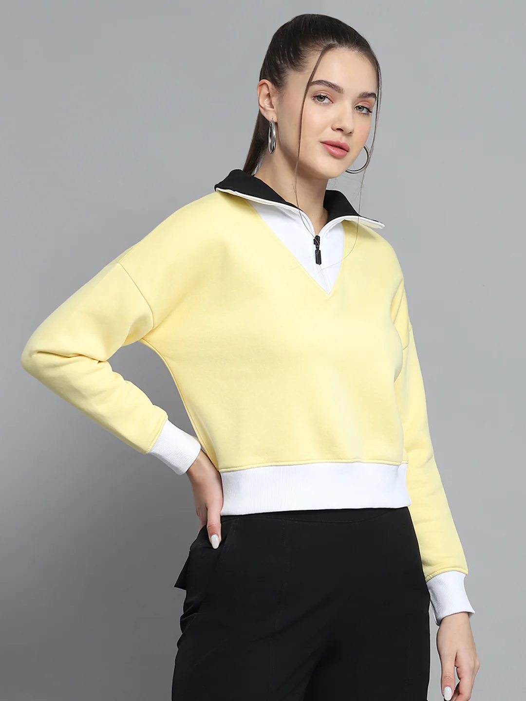 Rock.it Women Yellow Solid Collar Full Sleeve Sweatshirt - Image 4