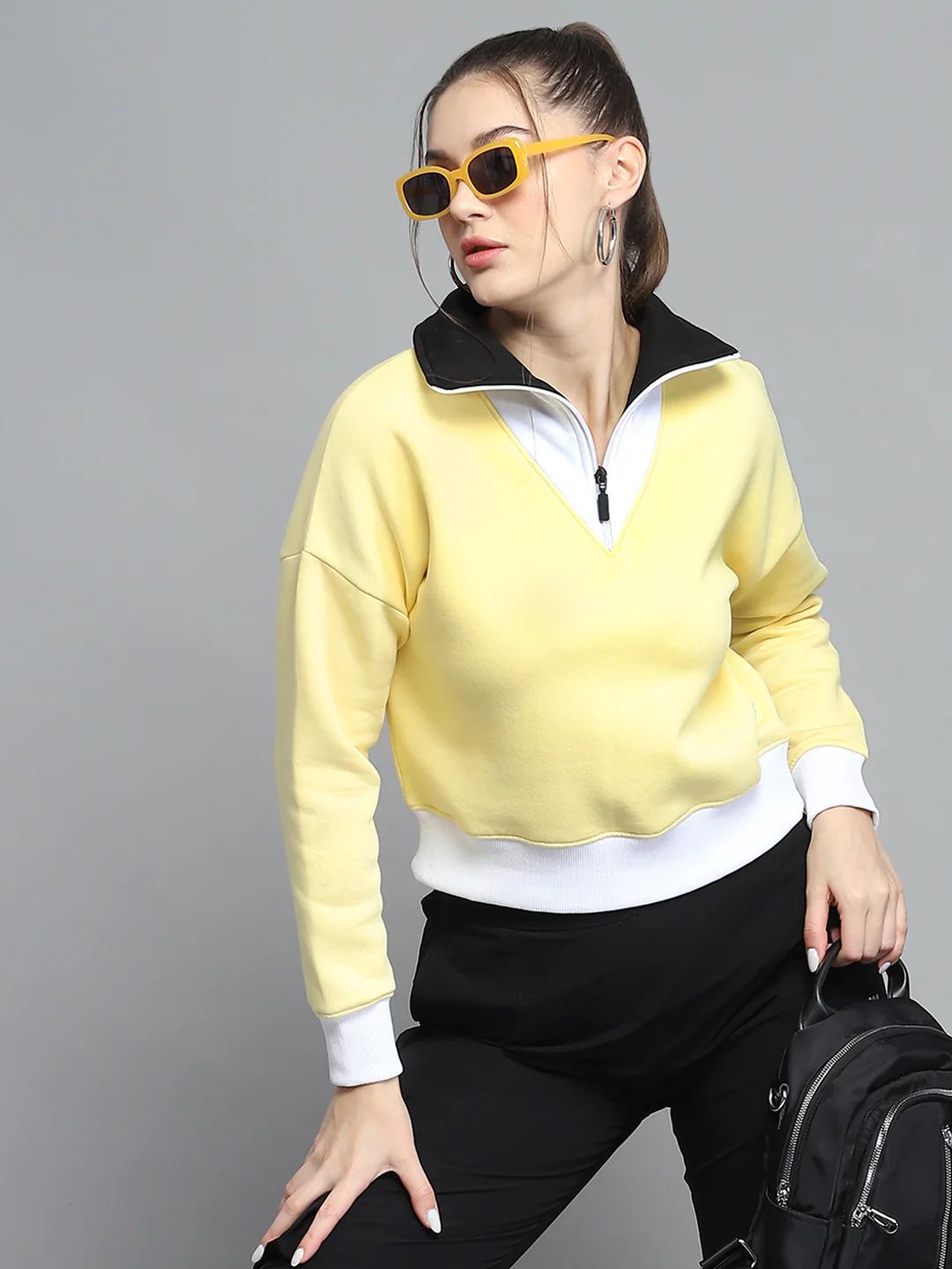 Rock.it Women Yellow Solid Collar Full Sleeve Sweatshirt - Image 6